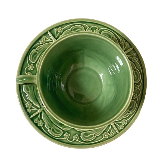 BORDALLO PINHEIRO DRAGONFLY EMBOSSED GREEN CUP & SAUCER PORTUGAL, RARE / RETIRED - Picture 5 of 11